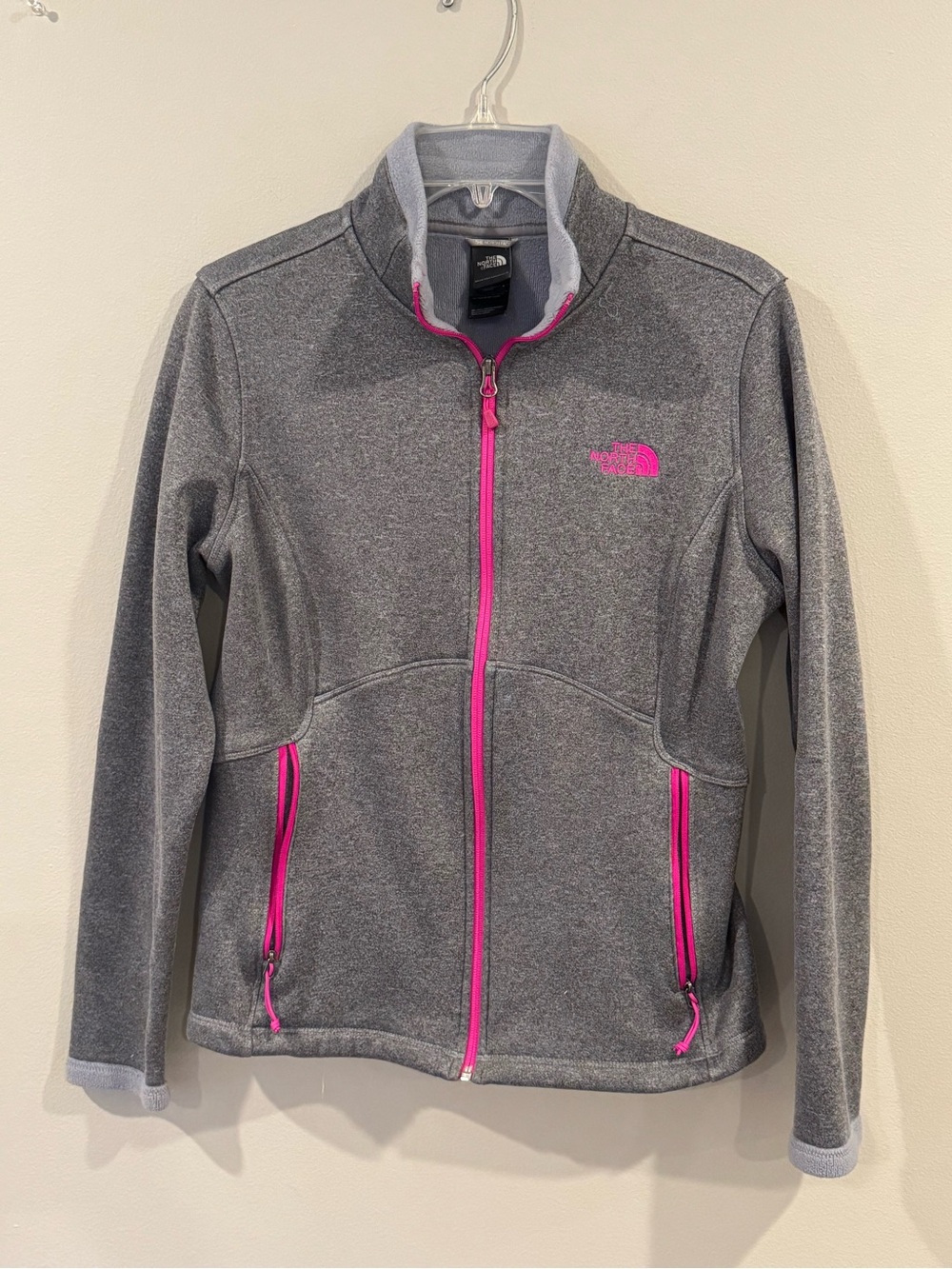 The North Face Womens Small Full Zip Fleece Jacket Pink Gray Sweatshirt Fitted